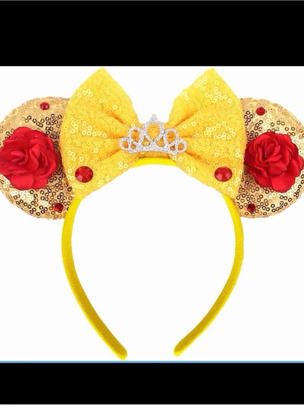 Yellow Sequin Princess Mouse Ear Headband with Red Rose Accents